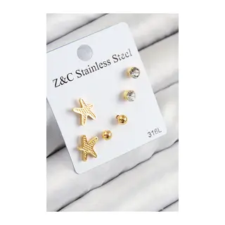 316L Çelik Zirkon Taşlı Deniz Yıldızı Model Gümüş Renk Kadın Set Küpe