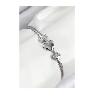 Pirinç Zirkon Taşlı Kalp Model Gümüş Renk Kadın Bileklik