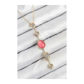 Pirinç Zincir Pembe Gold Renk Zirkon Taşlı Y Kolye