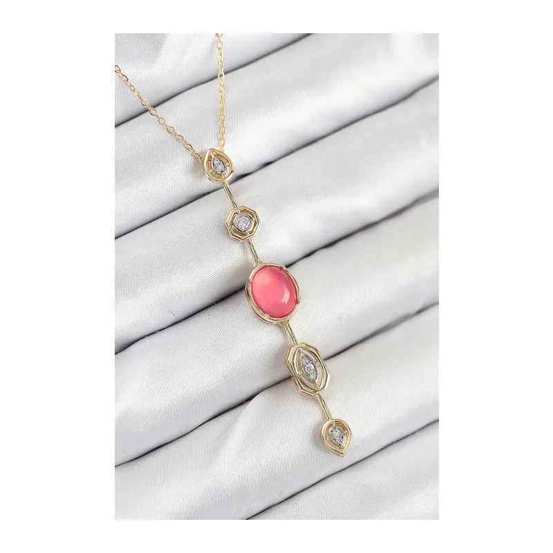 Pirinç Zincir Pembe Gold Renk Zirkon Taşlı Y Kolye