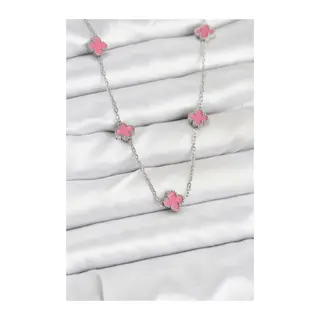 316L Çelik Zincir Gümüş Renk Pembe Baby Boy Yonca Kadın Kolye