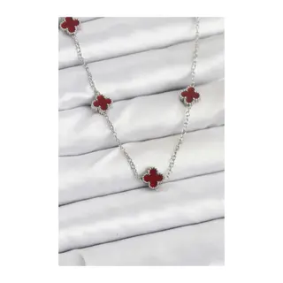316L Çelik Zincir Gümüş Renk Bordo Baby Boy Yonca Kadın Kolye