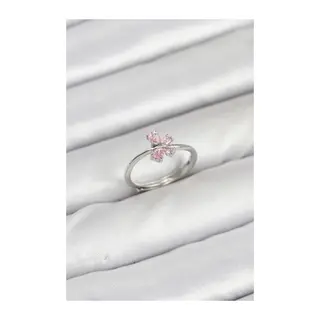 Pirinç Gümüş Renk Pembe Kelebek Kadın Yüzük