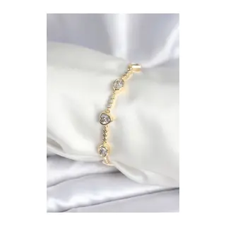Pirinç Gold Renk Zirkon Taşlı Kalpli Model Kadın Bileklik