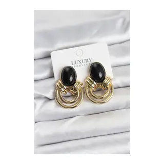 Pirinç Gold Renk Siyah Taşlı Vintage Kadın Küpe