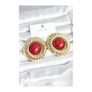 Pirinç Gold Renk Bordo Boncuklu Vintage Kadın Küpe