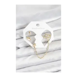 Pirinç Gold Renk Uzay Model Zincir Bağlantılı Ear Cuff Küpe Seti