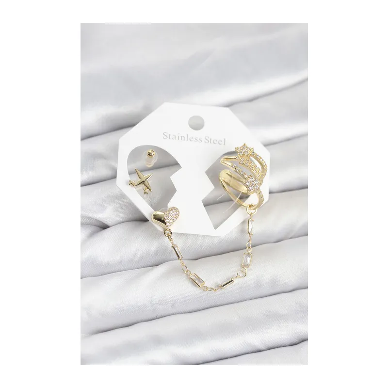 Kalp Yıldız Model Pirinç Gold Renk Zincir Bağlantılı Ear Cuff Küpe Seti