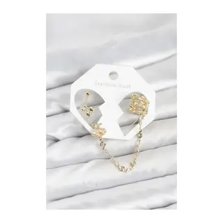 Kiraz Model Pirinç Gold Renk Zincir Bağlantılı Ear Cuff Küpe Seti