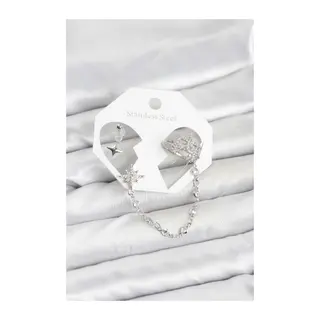 Kutup Yıldızı Model Pirinç Gümüş Renk Zincir Bağlantılı Ear Cuff Küpe Seti