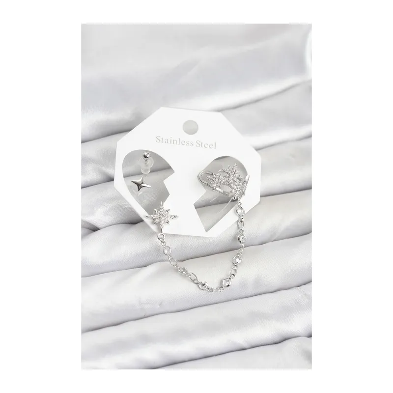 Kutup Yıldızı Model Pirinç Gümüş Renk Zincir Bağlantılı Ear Cuff Küpe Seti