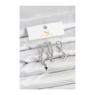 Pirinç Gümüş Renk Zirkon Taşlı Uzay Model YSX Trio Küpe Seti