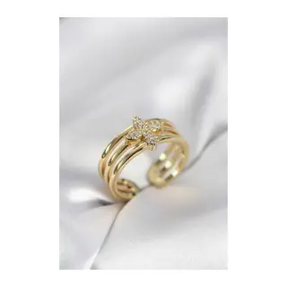 Gold Renk Zirkon Taşlı Yonca Model Kadın Yüzük