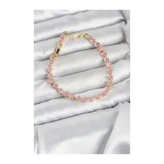 Pembe Kare Zirkon Taşlı Gold Renk Pirinç Su Yolu Kadın Bileklik