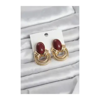 Pirinç Gold Renk Bordo Taşlı Vintage Kadın Küpe