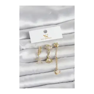 Pirinç Gold Renk Zirkon Taşlı Deniz Temalı 3'lü Kadın Küpe