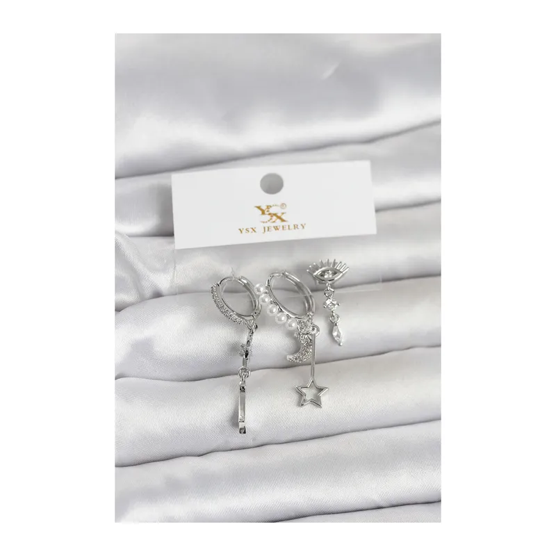 Pirinç Gümüş Renk Zirkon Taşlı Gece Temalı 3'lü Kadın Küpe