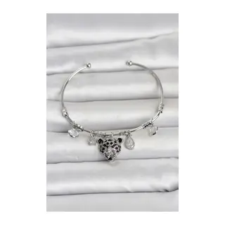 Pirinç Gümüş Renk Leopar Detaylı Charmlı Kadın Bileklik
