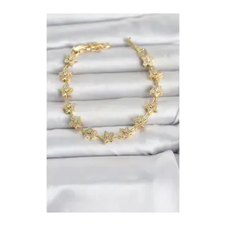 Pirinç Gold Renk Zirkon Taşlı Sıralı Yıldız Model Kadın Bileklik