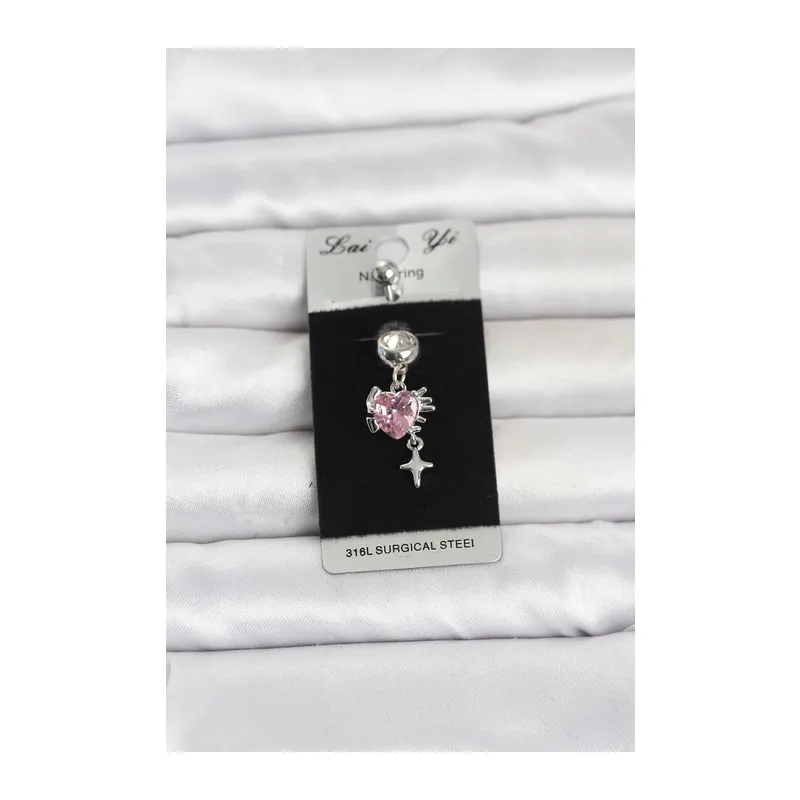 316L Cerrahi Çelik Pembe Zirkon Taşlı Model Göbek Piercing