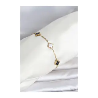 316L Çelik Gold Renk Siyah Beyaz Baby Yonca Model Kadın Bileklik