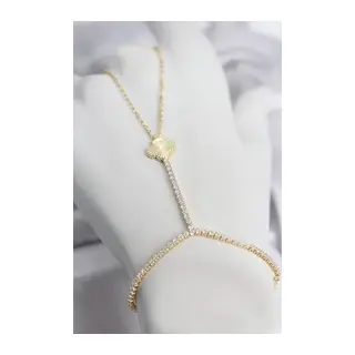 Gold Renk Pirinç Lazerli Yonca Model Zirkon Taşlı Şahmeran