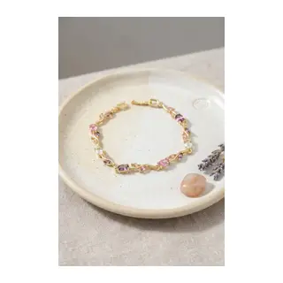 Pirinç Gold Renk Pembe ve Mor Zirkon Taşlı Çiçek Model Kadın Bileklik