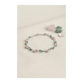 Pirinç Gümüş Renk Pembe Zirkon Taşlı Çiçek Model Kadın Bileklik