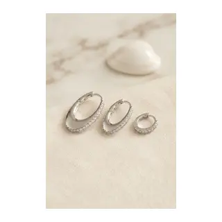 Gümüş Renk Oval Halka Model Zirkon Taşlı 3 lü Küpe Set