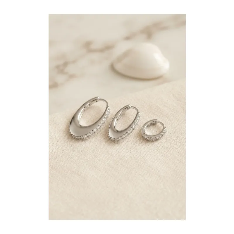 Gümüş Renk Oval Halka Model Zirkon Taşlı 3 lü Küpe Set