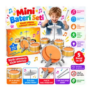 1080080 Davul Set - Jazz Drum / 5 adet Davul, Zil ve Tabure / +3 yaş