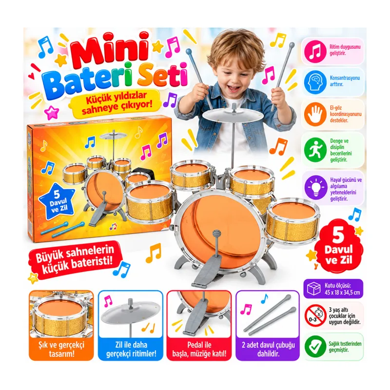 1080080 Davul Set - Jazz Drum / 5 adet Davul, Zil ve Tabure / +3 yaş