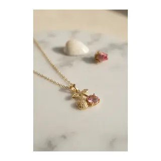 316L Çelik Zincir Gold Renk Pembe Kiraz Model Kolye