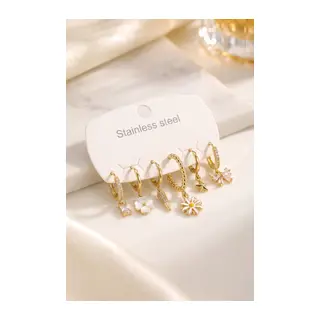 316L Çelik Gold Renk Papatya Model Detaylı Kadın Küpe Seti