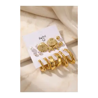 Metalik Kaplama Gold Renk Deniz Kabuğu Detaylı CCB 9 Çift Kadın Küpe Seti