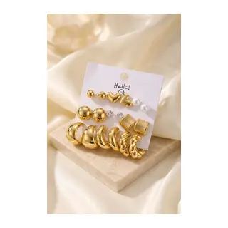 Gold Renk Metalik Kaplamalı Karışık Model Detaylı CCB 9 Çift Küpe Seti