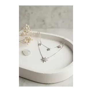 Pirinç Gümüş Renk Zirkon Taşlı Kutup Yıldızı Model 2'li Kadın Kolye