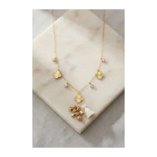 Pirinç Gold Renk Zirkon Taşlı Yonca Model Kadın Kolye