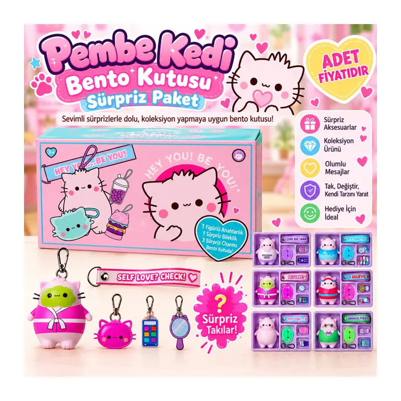 Pembe Kedi Bento Kutusu Sürpriz Paket (adet fiyatıdır)