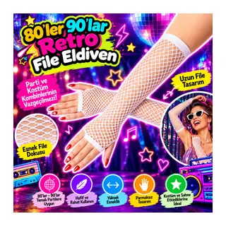 80’ler 90’lar Retro Beyaz File Parmaksız Eldiven 26 cm