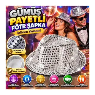 Disko Star Gümüş Payetli Fötr Şapka Yetişkin Boy