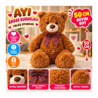 PL50243 50 Cm Ayı Ekose Kurdelalı Peluş Oyuncak