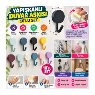 10 lu Plastik Kendinden Yapışkanlı Renkli Askı Seti