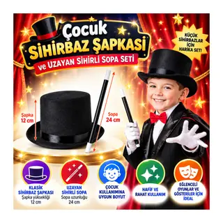 Çocuk Sihirbaz Şapkası ve Uzayan Yaylı Sihirli Sopa Seti
