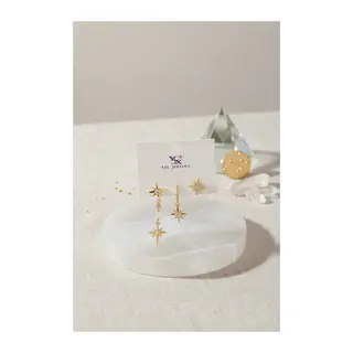 Pirinç Gold Renk Zirkon Taşlı Kutup Yıldızı Model Kadın Küpe Seti