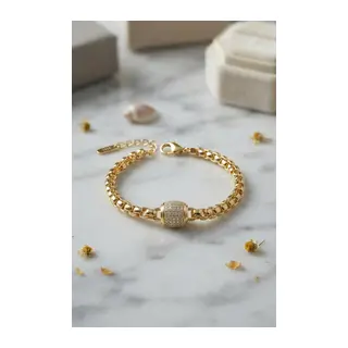 CM Gold Renk Venedik Zincir Detaylı Zirkon Taşlı Kadın Bileklik