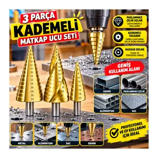 3 Parça Kademeli Matkap Ucu Paslanmaz Uç Alüminyum Sac Demir Delme Seti