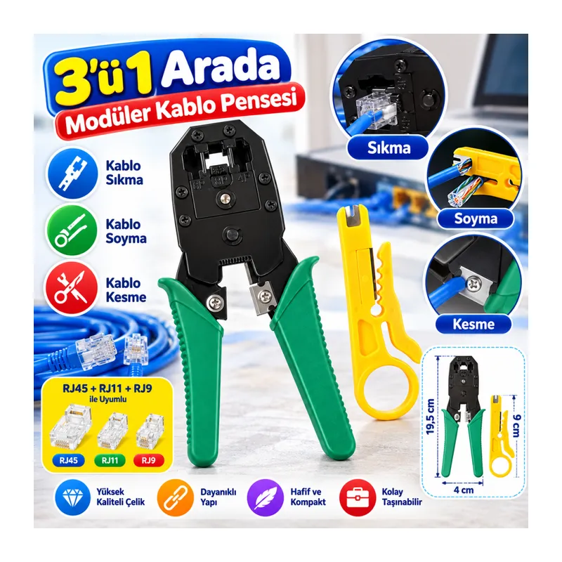 3ü 1 Arada Modüler Kablo Sıkma,Soyma ve Kesme Pensesi