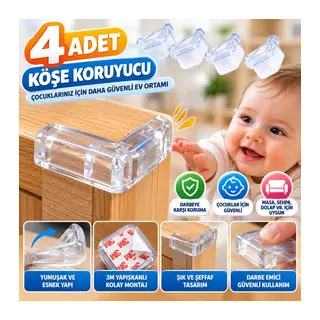 4 Adet Kendiliğinden 3M Yapışkanlı Yumuşak ve Esnek Yapıda Sehpa,Masa,Dolap Köşe Koruyucu Aparat