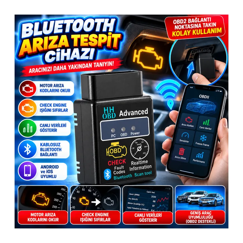 Bluetooth Arıza Tespit Cihazı – Araç Motor Arıza Okuma, Check Engine Sıfırlama, Oto Diagnostik Scanner
